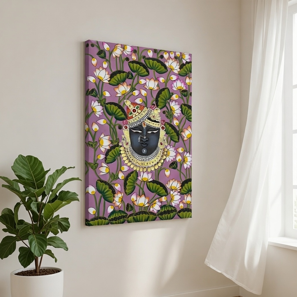 SAF Shrinathji Lotus Canvas Painting for Home Decor | Traditional Krishna Floral Wall Art with Purple Background | HD Printed Hindu God Spiritual Artwork for Living Room Temple - Image 5