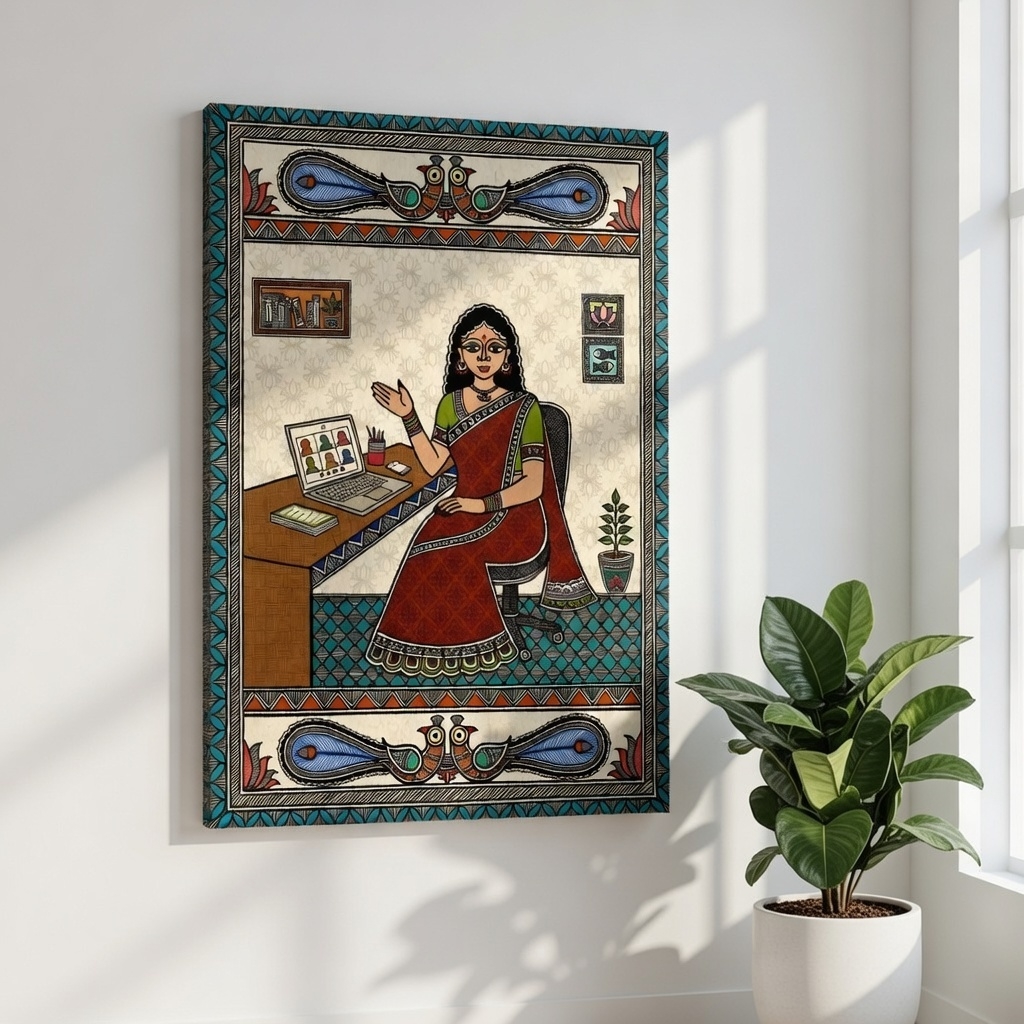 SAF Madhubani Style Woman Working Canvas Painting for Home Decor | Traditional Indian Folk Art Wall Art | HD Printed Ethnic Office Theme Artwork for Living Room Study - Image 5