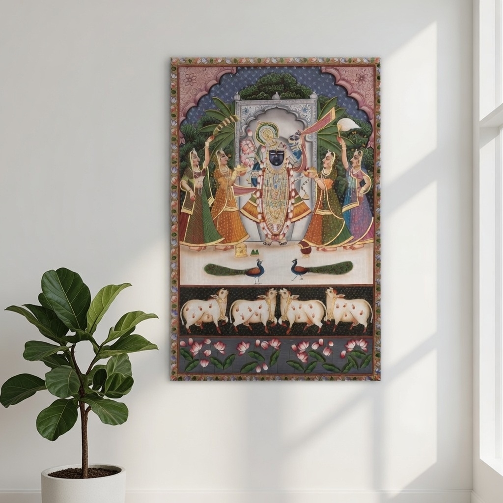 SAF Shrinathji Darbar Pichwai Canvas Painting for Home Decor | Traditional Krishna Religious Wall Art with Gopis Cows and Peacocks | HD Printed Spiritual Artwork - Image 5