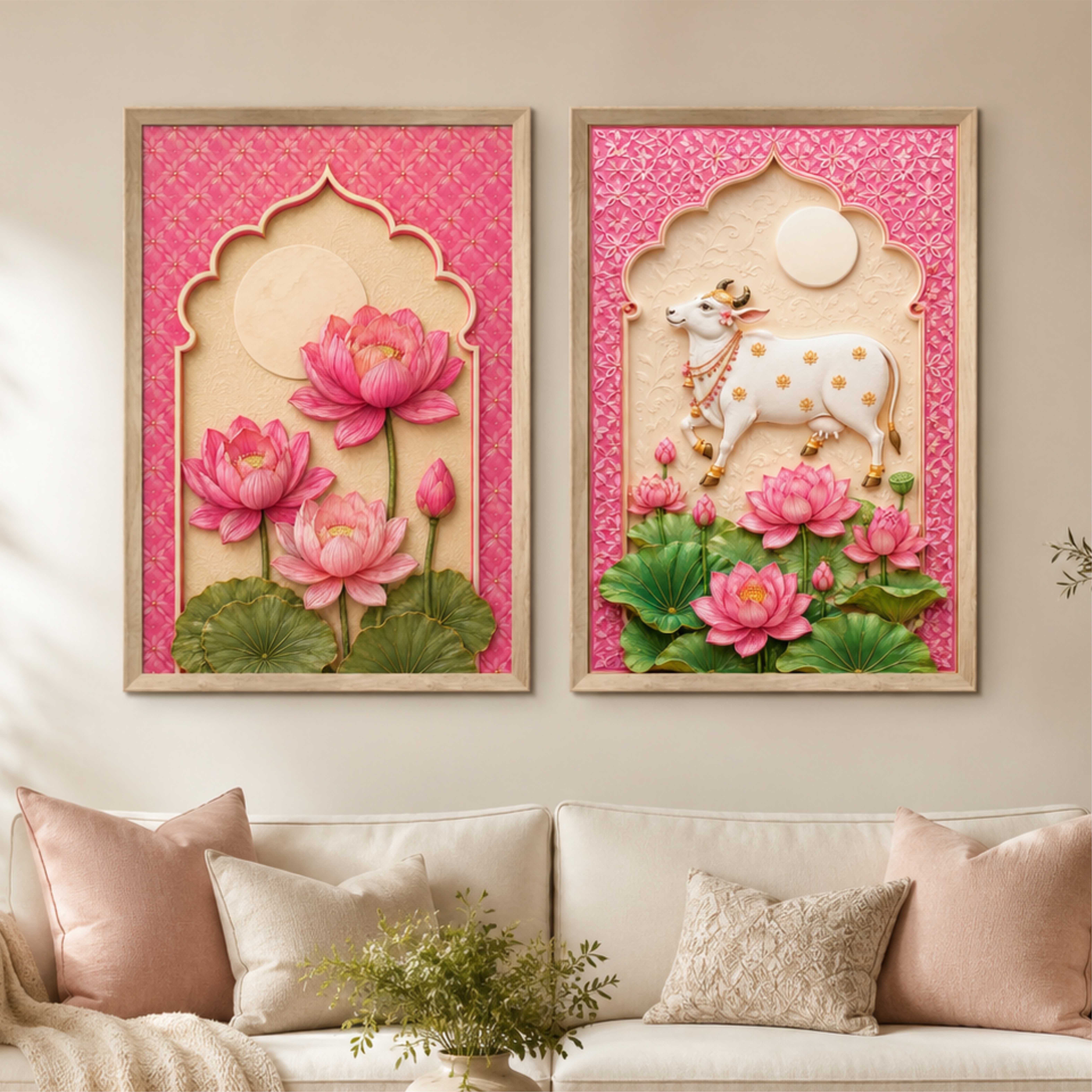 Kamdhenu Cow & Pink Lotus Wall Painting Set of 2 with Premium Synthetic Wooden Frame | HD Print with Sparkle Lamination for Living Room Pooja Room Home Decor