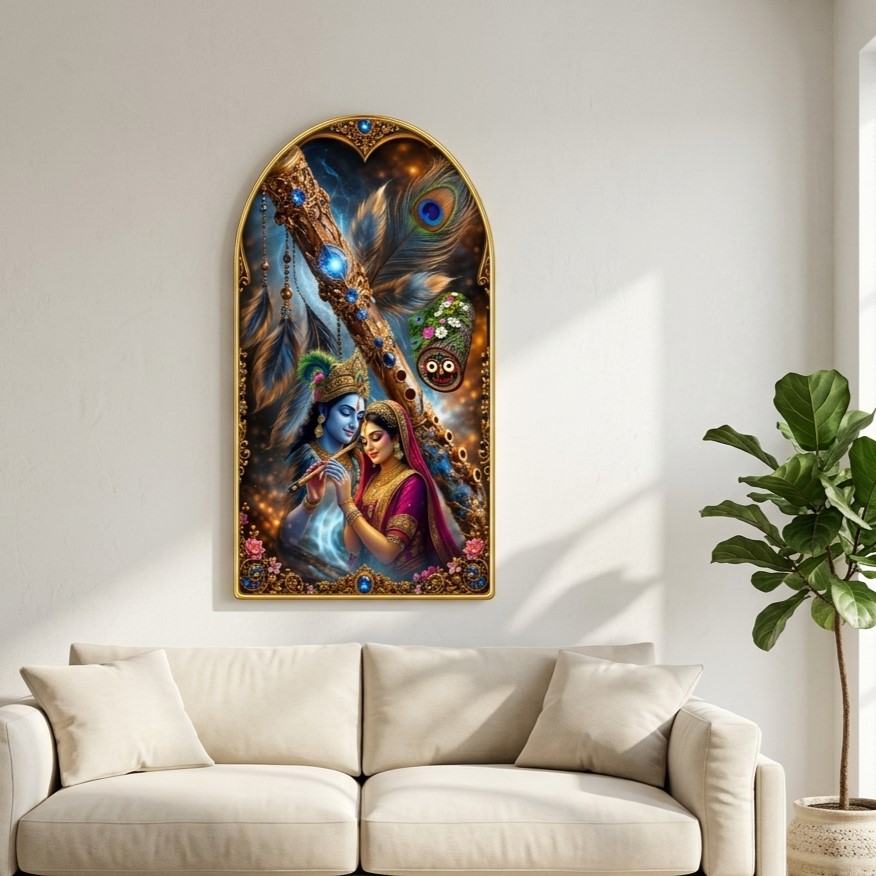 SAF Radha Krishna Flute Wall Painting for Living Room, Peacock Feather Devotional Artwork, PVC Golden Frame, Arch Shape Wall Decor for Pooja Room, Home & Gift 16 X 30 Inch - Image 5