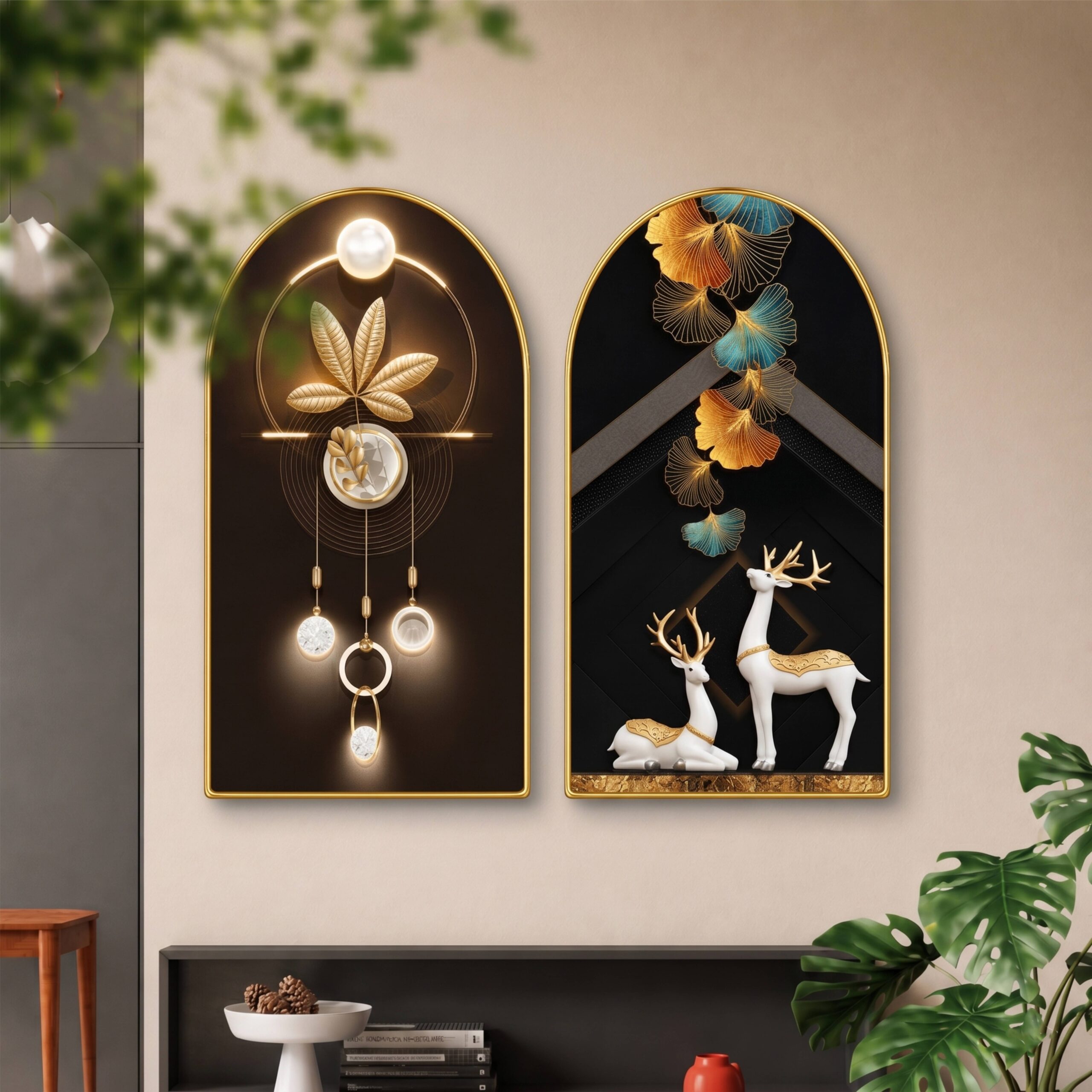 SAF Set of 2 Abstract Wall Painting for Living Room, Deer & Golden Leaf Modern Artwork, PVC Golden Frame, Arch Shape Wall Decor for Bedroom, Hall, Office & Gift 32 X 30 Inch