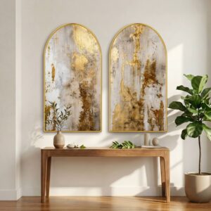 SAF Set of 2 Abstract Wall Painting for Living Room, Gold Texture Modern Artwork, PVC Golden Frame, Arch Shape Wall Decor for Bedroom, Hall, Office & Gift 32 X 30 Inch