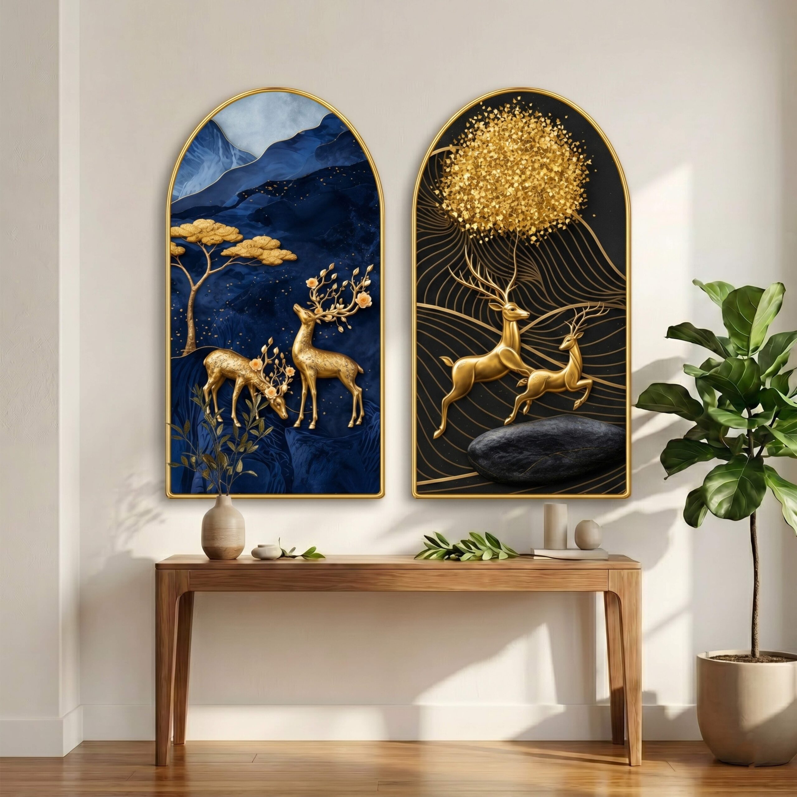 SAF Set of 2 Abstract Deer Wall Painting for Living Room, Blue Gold Modern Artwork, PVC Golden Frame, Arch Shape Wall Decor for Bedroom, Hall, Office & Gift 32 X 30 Inch - Image 5