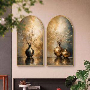 SAF Set of 2 Vase Wall Painting for Living Room, Abstract Floral Modern Artwork, PVC Golden Frame, Arch Shape Wall Decor for Bedroom, Hall, Office & Gift 32 X 30 Inch