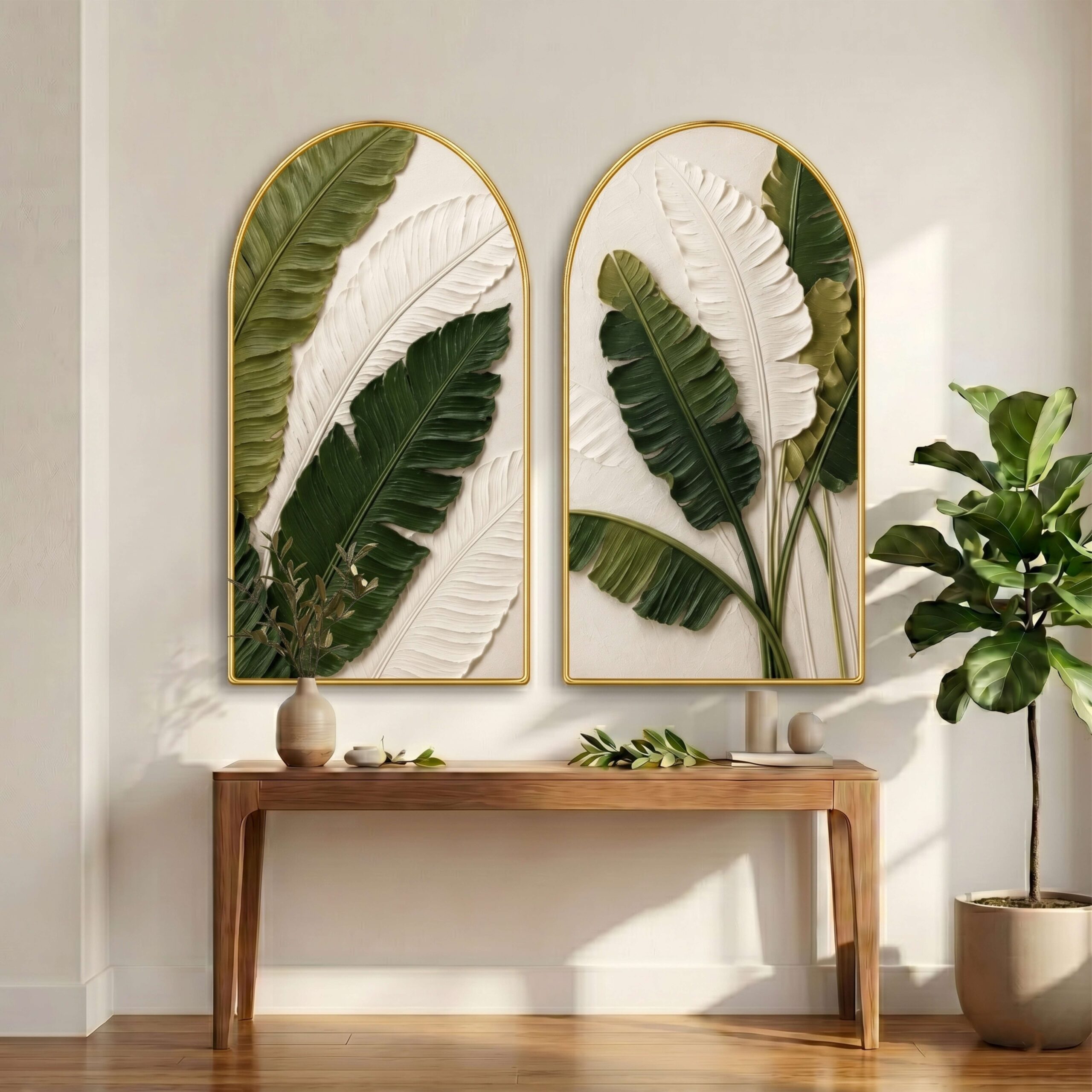 SAF Set of 2 Tropical Leaf Wall Painting for Living Room, Green Botanical Modern Artwork, PVC Golden Frame, Arch Shape Wall Decor for Bedroom, Hall, Office & Gift 32 X 30 Inch - Image 3