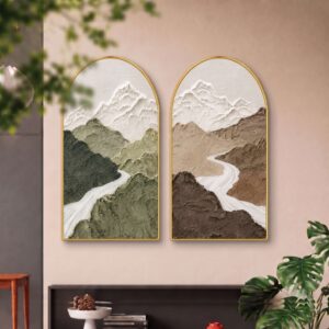 SAF Set of 2 Mountain Wall Painting for Living Room, Textured Landscape Modern Artwork, PVC Golden Frame, Arch Shape Wall Decor for Bedroom, Hall, Office & Gift 32 X 30 Inch