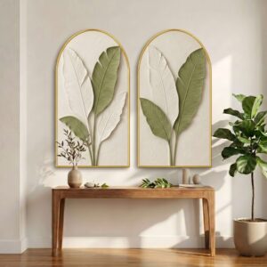 SAF Set of 2 Botanical Leaf Wall Painting for Living Room, Green White Modern Artwork, PVC Golden Frame, Arch Shape Wall Decor for Bedroom, Hall, Office & Gift 32 X 30 Inch