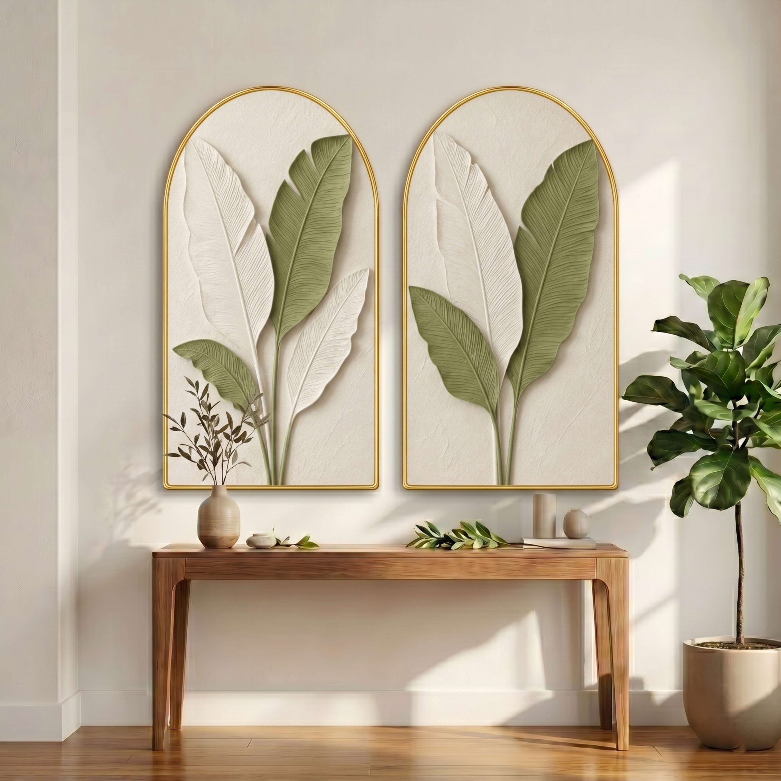 SAF Set of 2 Botanical Leaf Wall Painting for Living Room, Green White Modern Artwork, PVC Golden Frame, Arch Shape Wall Decor for Bedroom, Hall, Office & Gift 32 X 30 Inch
