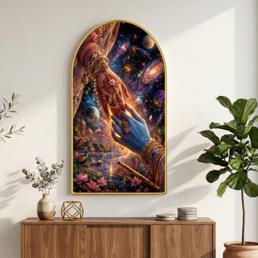 SAF Radha Krishna Hands Wall Painting for Living Room, Cosmic Love Devotional Artwork, PVC Golden Frame, Arch Shape Wall Decor for Bedroom, Pooja Room & Gift 16 X 30 Inch - Image 5