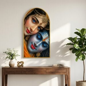 SAF Radha Krishna Face Wall Painting for Living Room, Divine Love Devotional Artwork, PVC Golden Frame, Arch Shape Wall Decor for Bedroom, Pooja Room & Gift 16 X 30 Inch