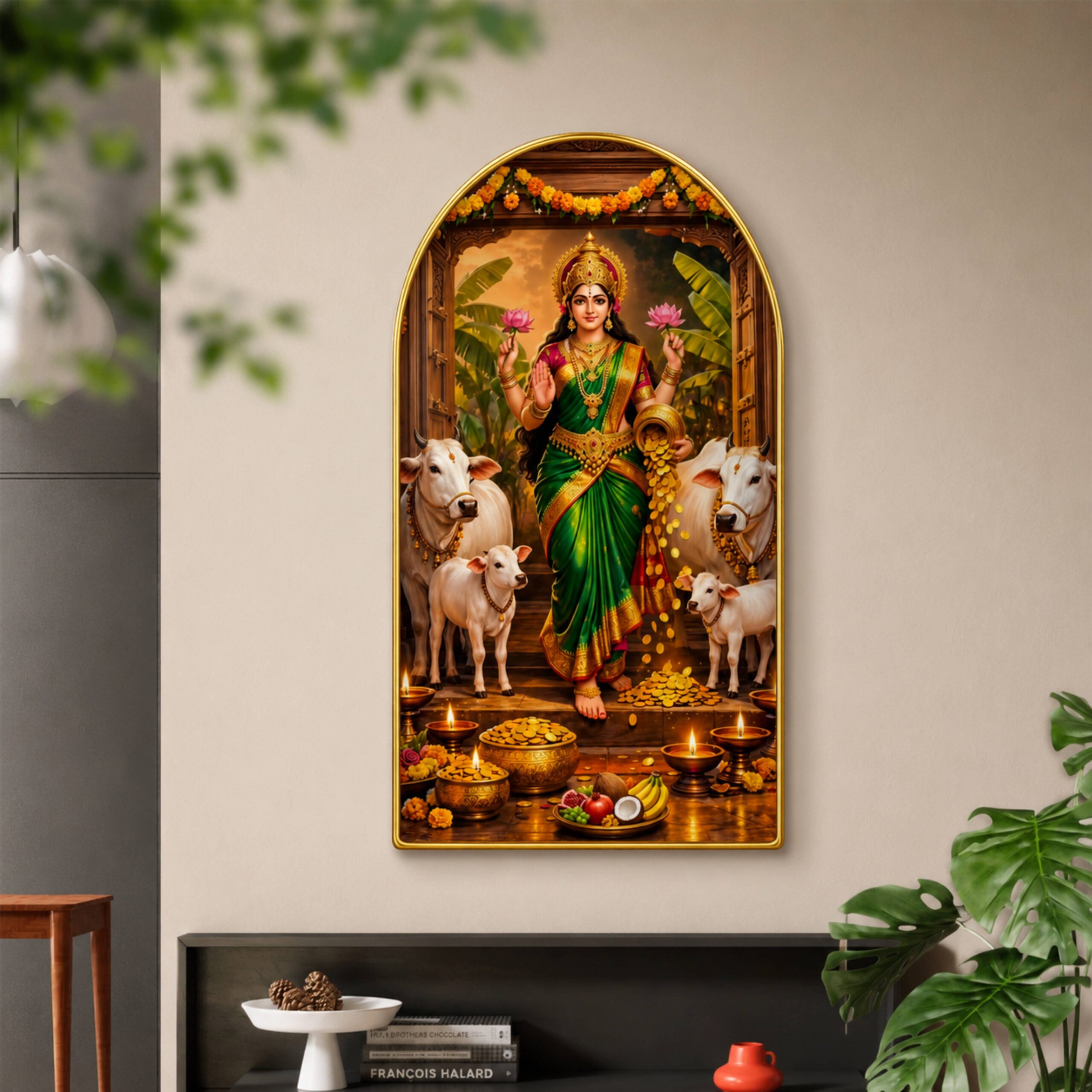 SAF Goddess Laxmi Wall Painting with Cow for Living Room, Devotional Temple Artwork, PVC Golden Frame, Arch Shape Wall Decor for Pooja Room, Home Office & Gift 16 X 30 Inch - Image 3