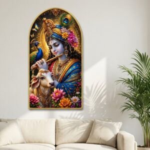 SAF Lord Krishna Cow Wall Painting for Living Room, Flute Peacock Devotional Artwork, PVC Golden Frame, Arch Shape Wall Decor for Pooja Room, Bedroom & Gift 16 X 30 Inch