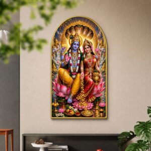 SAF Vishnu Laxmi Wall Painting for Living Room, Devotional Lotus Artwork, PVC Golden Frame, Arch Shape Wall Decor for Pooja Room, Bedroom, Home Office & Gift 16 X 30 Inch
