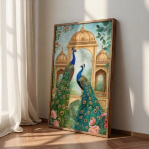 Royal Peacock Palace Wall Painting with Premium Synthetic Wooden Frame | HD Print with Sparkle Lamination for Living Room Bedroom Office D?cor