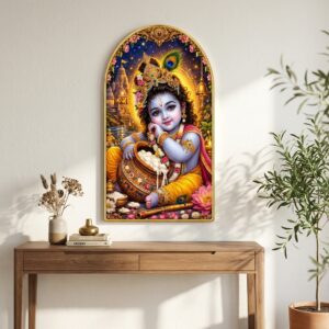 SAF Bal Krishna Makhan Chor Wall Painting for Living Room, Baby Krishna Devotional Artwork, PVC Golden Frame, Arch Shape Wall Decor for Pooja Room & Gift 16 X 30 Inch