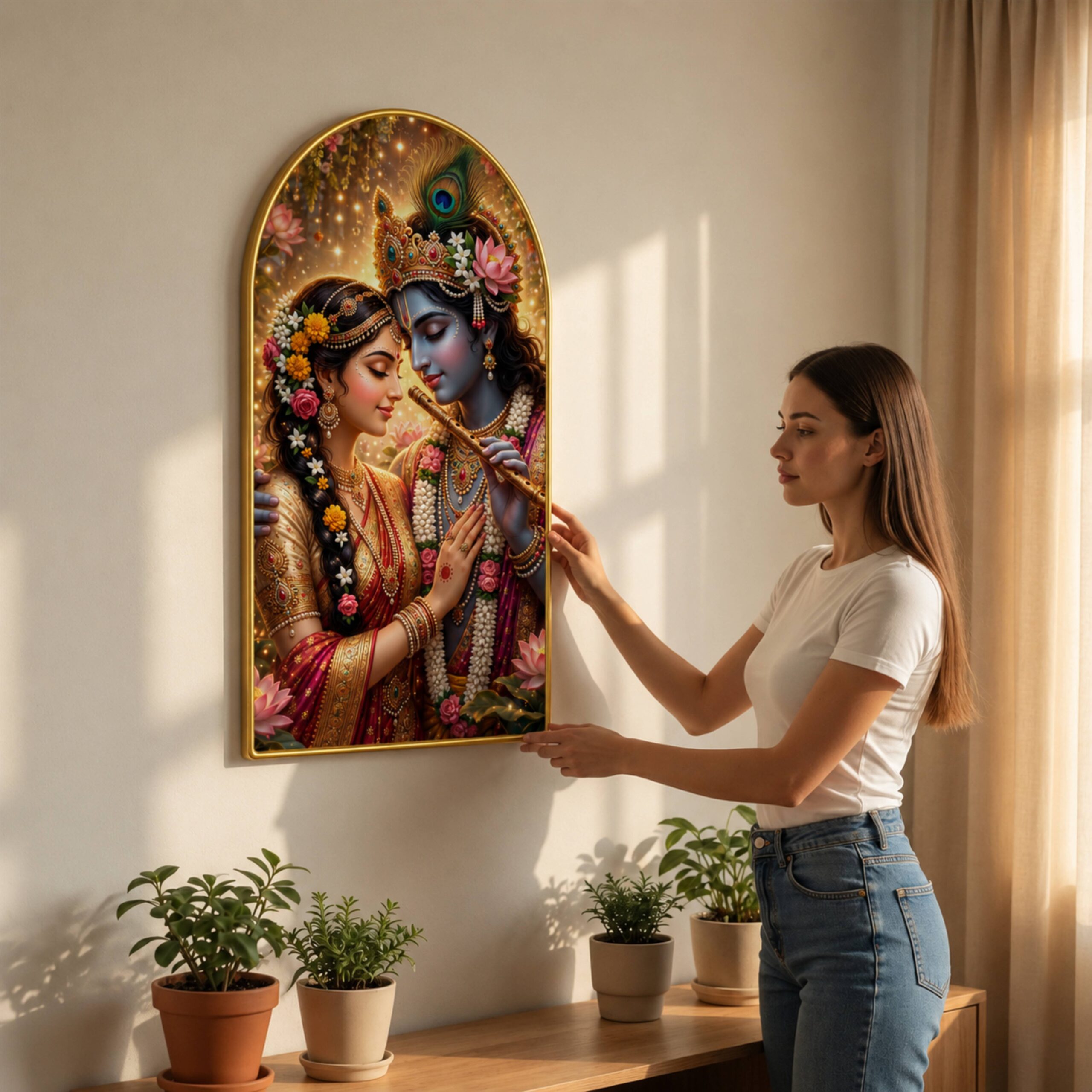 SAF Radha Krishna Wall Painting for Living Room, Romantic Devotional Artwork, PVC Golden Frame, Arch Shape Wall Decor for Pooja Room, Bedroom, Home Office & Gift 16 X 30 Inch - Image 3