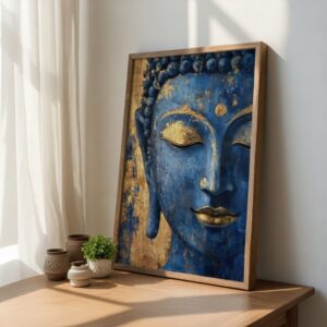 Abstract Blue & Gold Buddha Face Wall Painting with Premium Synthetic Wooden Frame | HD Print with Sparkle Lamination for Living Room Bedroom Office