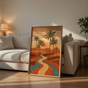 Abstract Desert Oasis Palm Tree Wall Painting with Premium Synthetic Wooden Frame | HD Print with Sparkle Lamination for Living Room Bedroom Office