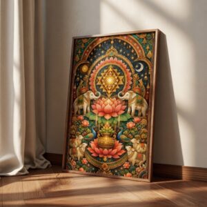Sacred Hindu Yantra, Lotus & Deity Wall Painting Collection with Premium Synthetic Wooden Frame | HD Print with Sparkle Lamination for Living Room Pooja Room Office