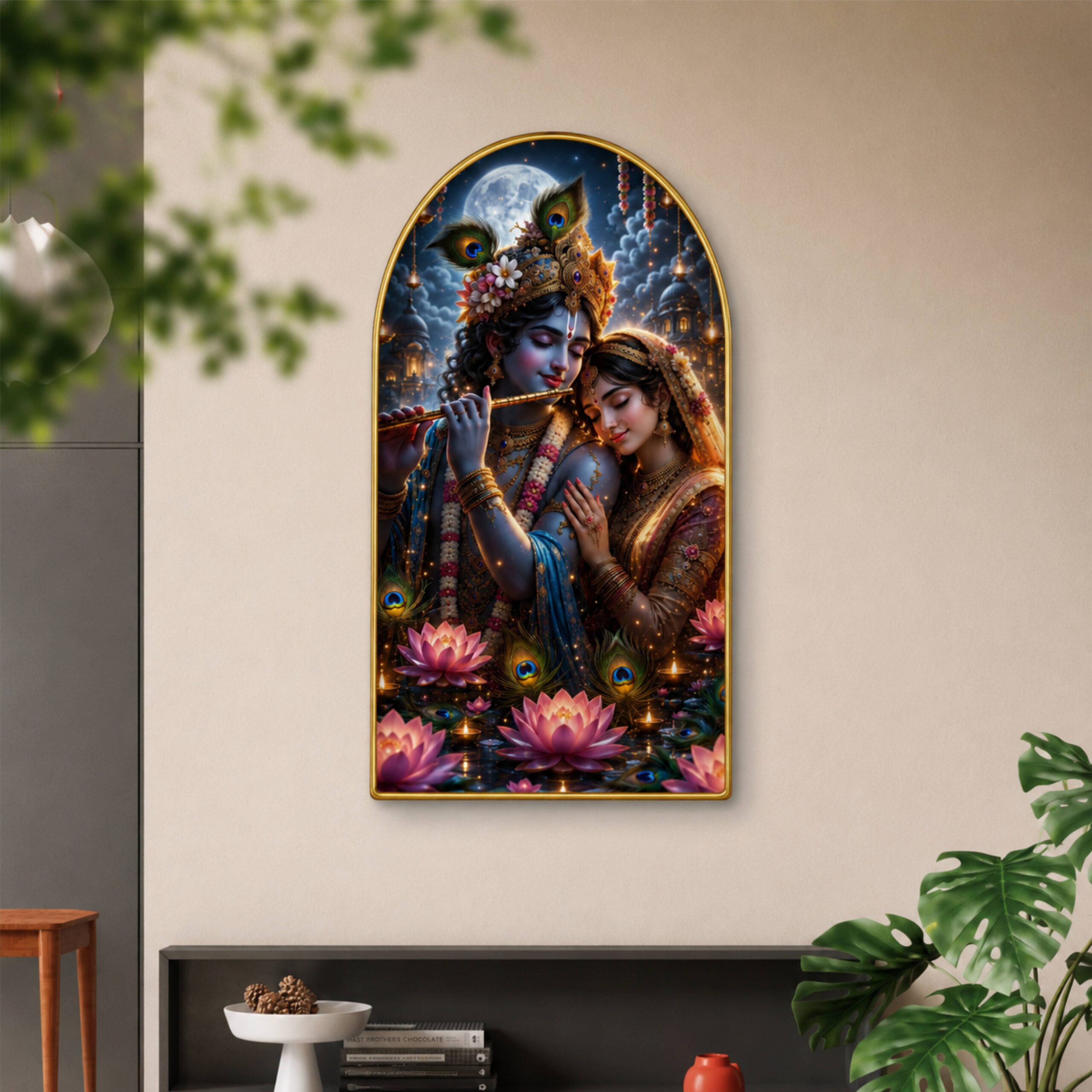 SAF Radha Krishna Wall Painting for Living Room, Moonlight Devotional Artwork, PVC Golden Frame, Arch Shape Wall Decor for Pooja Room, Bedroom, Home Office & Gift 16 X 30 Inch - Image 3