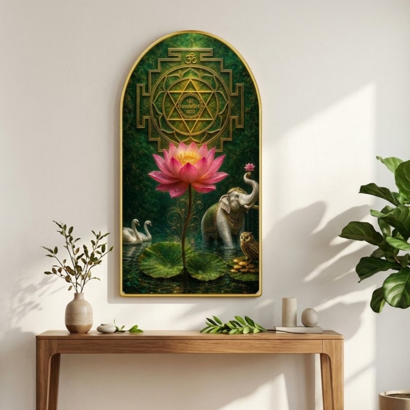 SAF Shree Yantra Lotus Wall Painting for Living Room, Vastu Spiritual Artwork, PVC Golden Frame, Arch Shape Wall Decor for Pooja Room, Bedroom, Home & Gift 16 X 30 Inch - Image 3