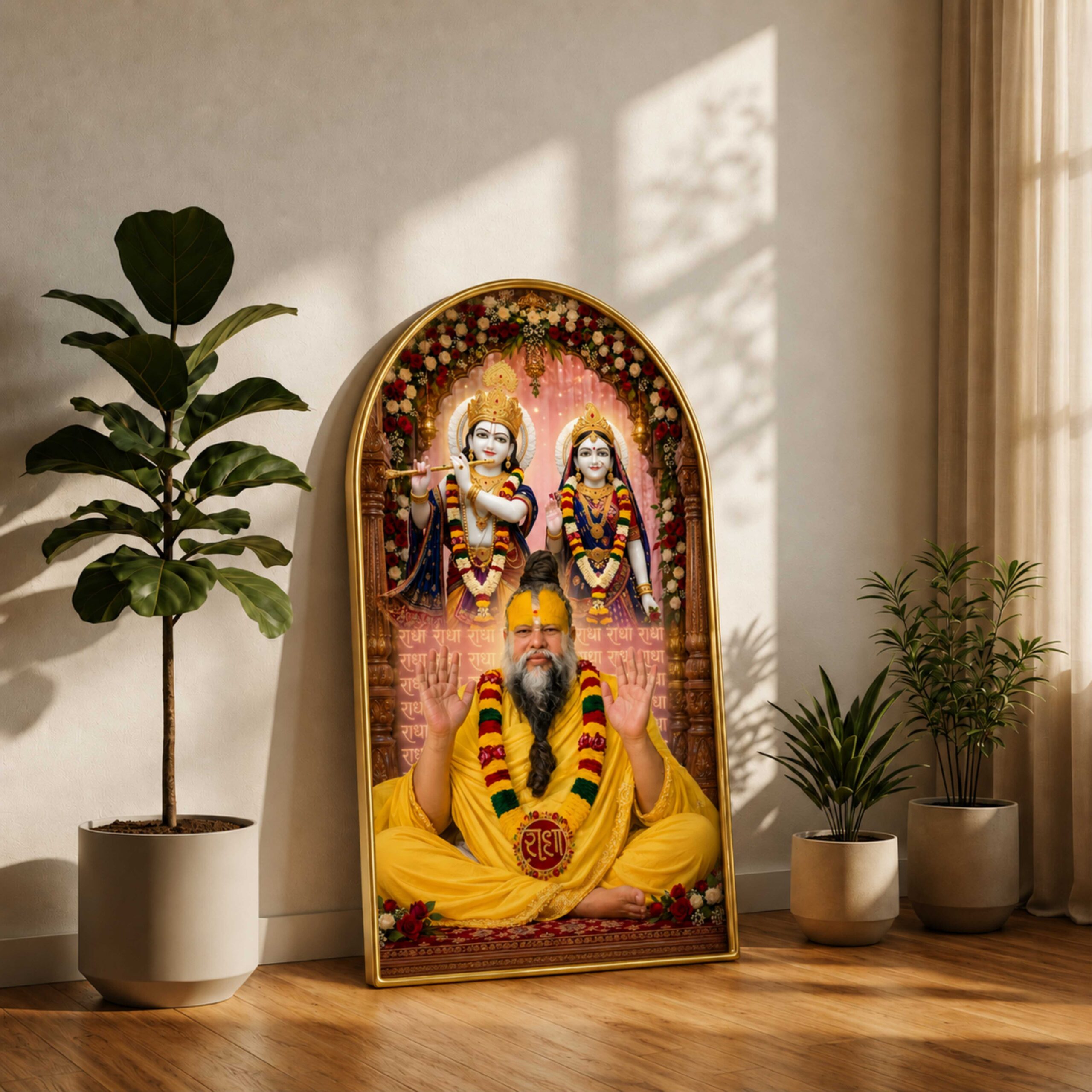 SAF Radha Krishna with Premanand Ji Maharaj Wall Painting for Living Room, Devotional Artwork, PVC Golden Frame, Arch Shape Decor for Pooja Room, Home & Gift 16 X 30 Inch - Image 3
