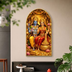 SAF Vishnu Laxmi Wall Painting for Living Room, Gold Coins Devotional Artwork, PVC Golden Frame, Arch Shape Wall Decor for Pooja Room, Home Office & Gift 16 X 30 Inch