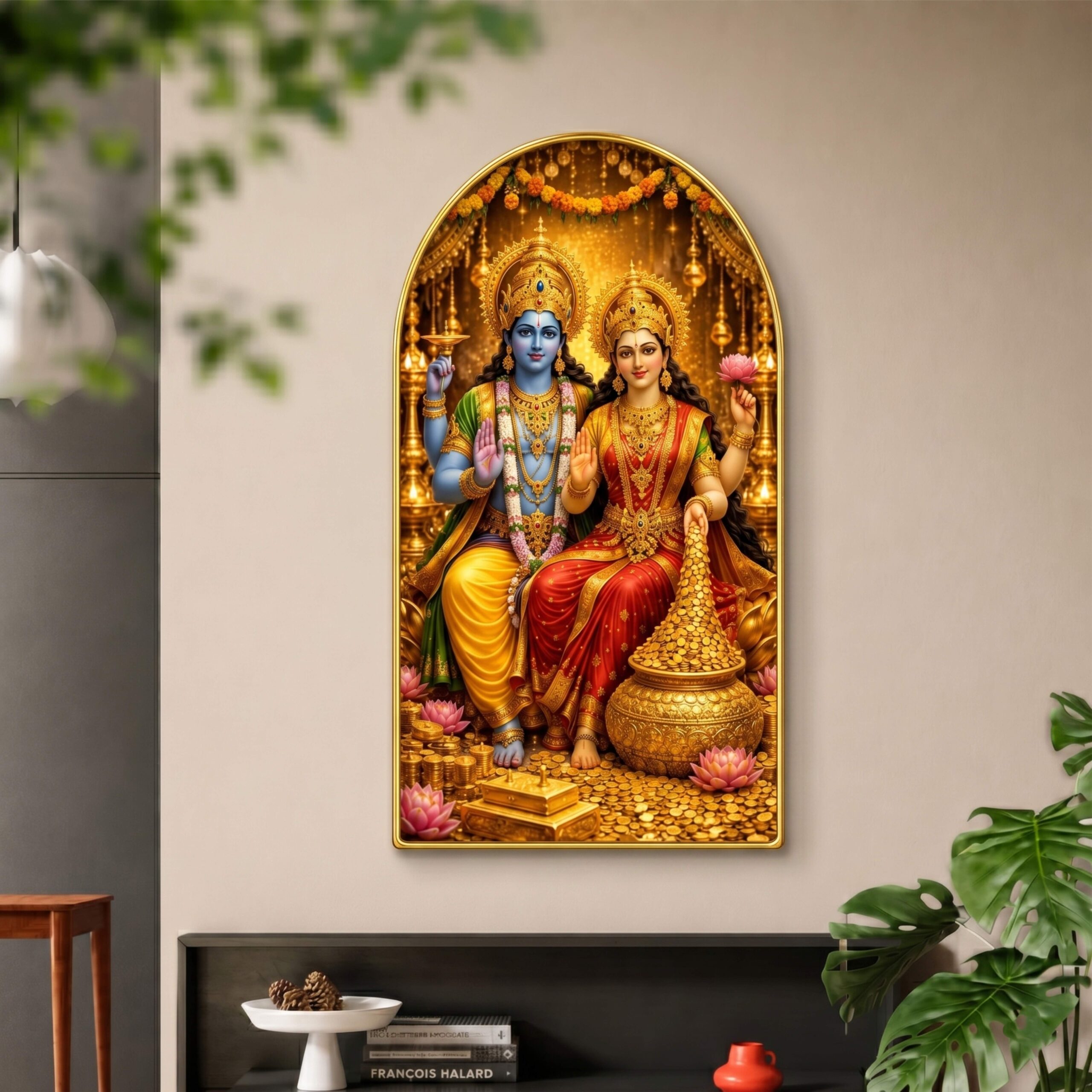 SAF Vishnu Laxmi Wall Painting for Living Room, Gold Coins Devotional Artwork, PVC Golden Frame, Arch Shape Wall Decor for Pooja Room, Home Office & Gift 16 X 30 Inch