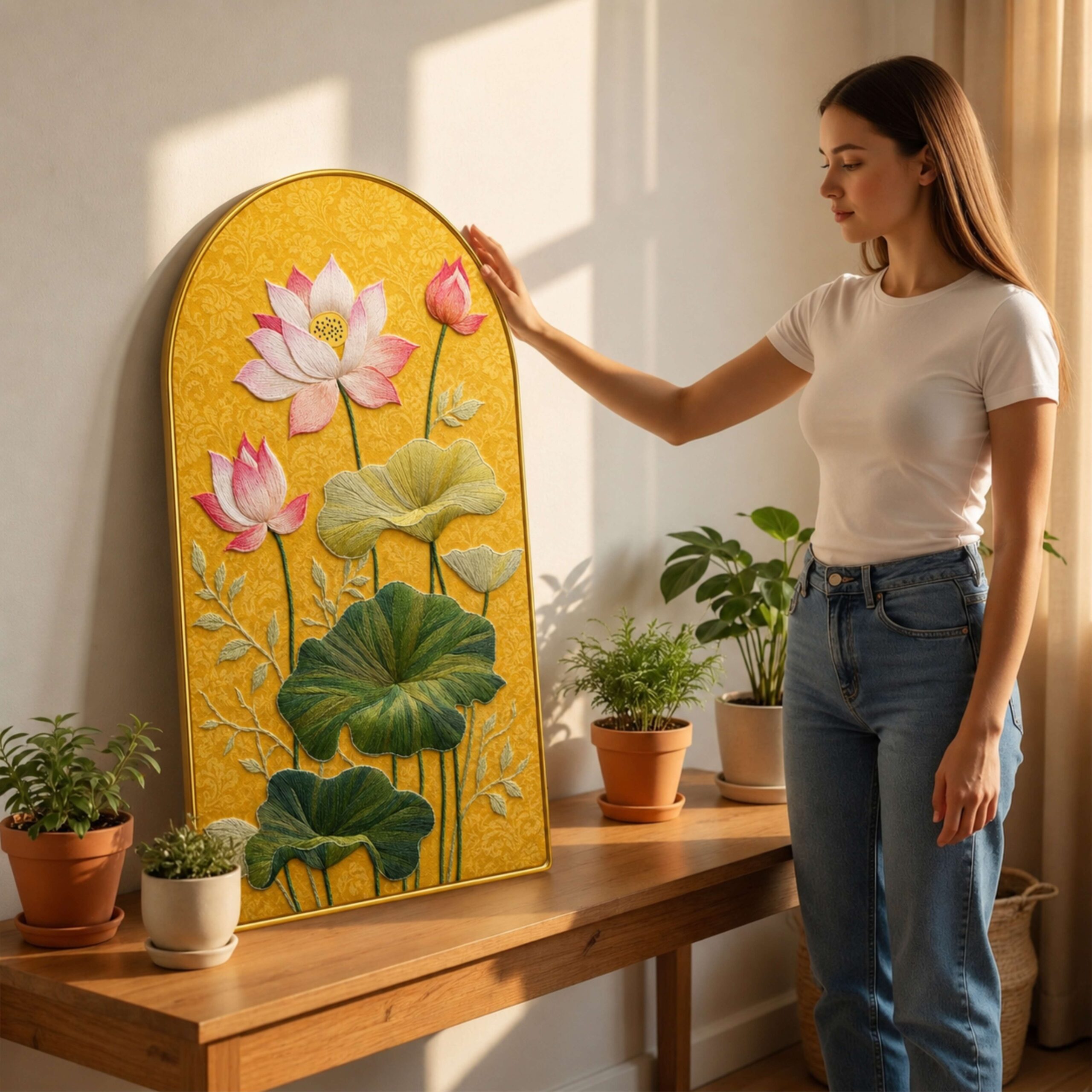 SAF Premium Lotus Flower Wall Painting with Golden Frame – Yellow Botanical Arch Wall Art for Living Room, Bedroom & Office Decor - Image 3