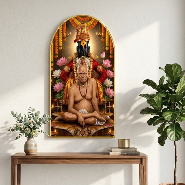 SAF Swami Samarth with Vitthal Wall Painting for Living Room, Devotional Temple Artwork, PVC Golden Frame, Arch Shape Wall Decor for Pooja Room, Home & Gift 16 X 30 Inch - Image 3