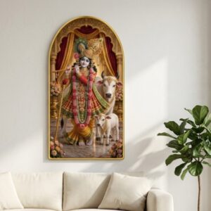 SAF Shri Krishna Wall Painting with Cow for Living Room, Devotional Radha Krishna Style Artwork, PVC Golden Frame, Arch Shape Home Decor for Pooja Room, Bedroom & Gift 16 X 30 Inch