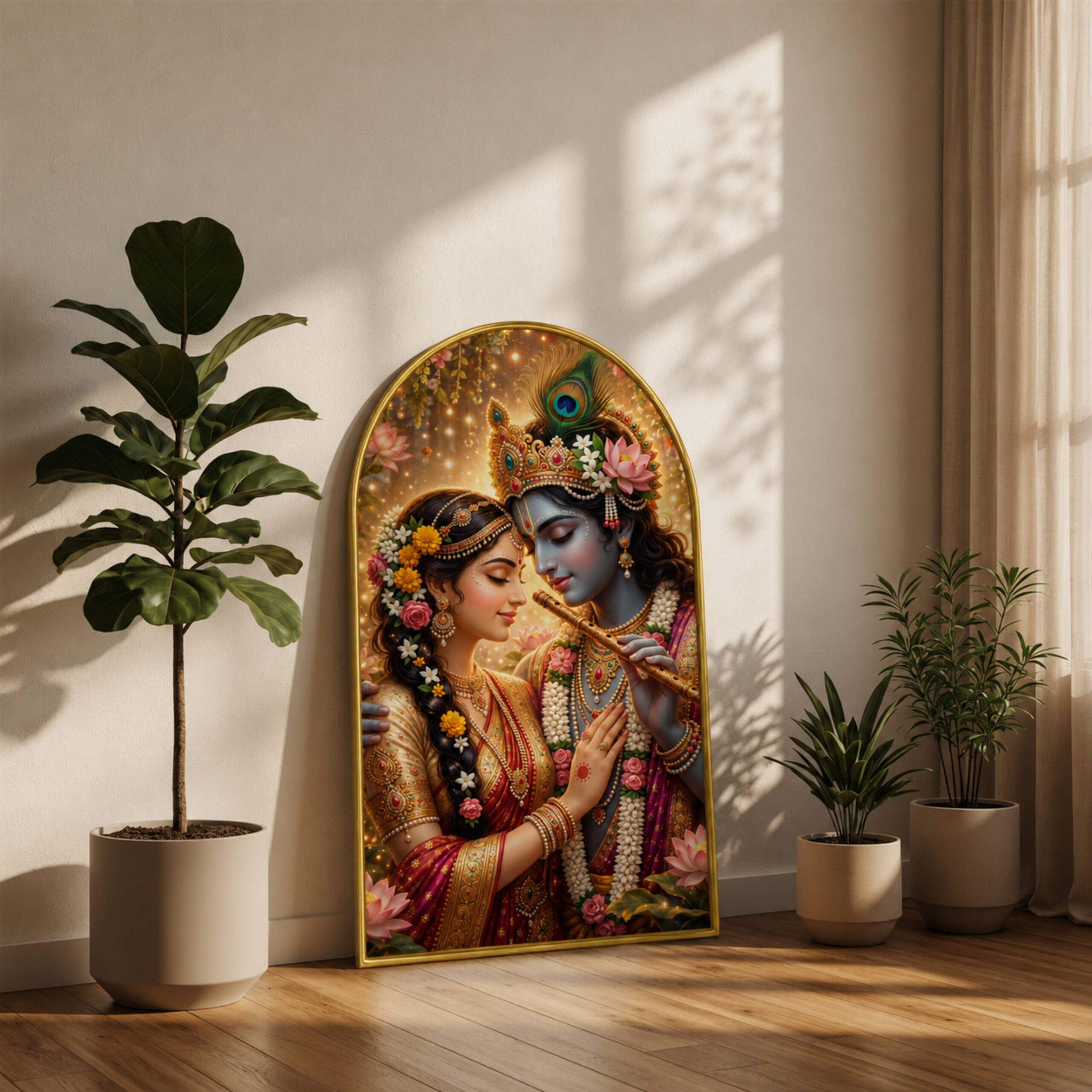 SAF Radha Krishna Wall Painting for Living Room, Romantic Devotional Artwork, PVC Golden Frame, Arch Shape Wall Decor for Pooja Room, Bedroom, Home Office & Gift 16 X 30 Inch - Image 4
