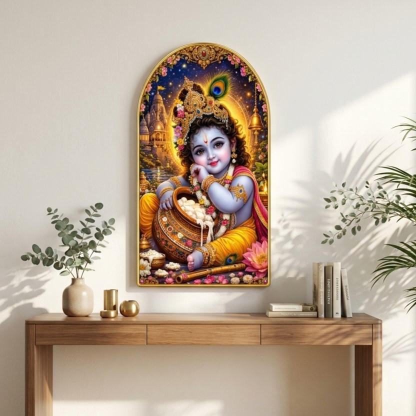 SAF Bal Krishna Makhan Chor Wall Painting for Living Room, Baby Krishna Devotional Artwork, PVC Golden Frame, Arch Shape Wall Decor for Pooja Room & Gift 16 X 30 Inch - Image 3