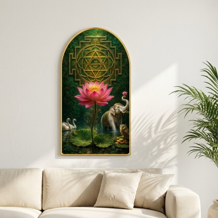 SAF Shree Yantra Lotus Wall Painting for Living Room, Vastu Spiritual Artwork, PVC Golden Frame, Arch Shape Wall Decor for Pooja Room, Bedroom, Home & Gift 16 X 30 Inch - Image 4