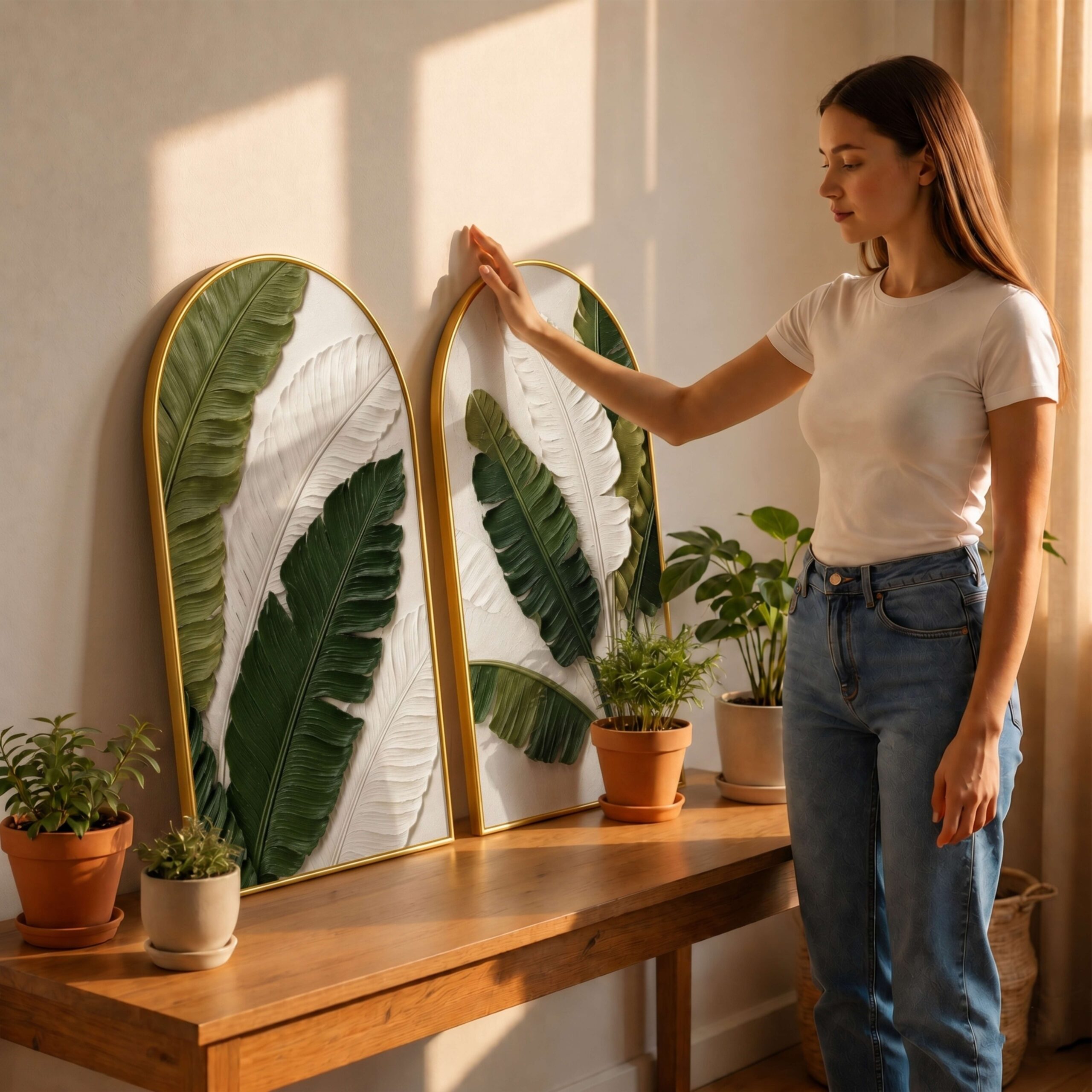 SAF Set of 2 Tropical Leaf Wall Painting for Living Room, Green Botanical Modern Artwork, PVC Golden Frame, Arch Shape Wall Decor for Bedroom, Hall, Office & Gift 32 X 30 Inch - Image 4