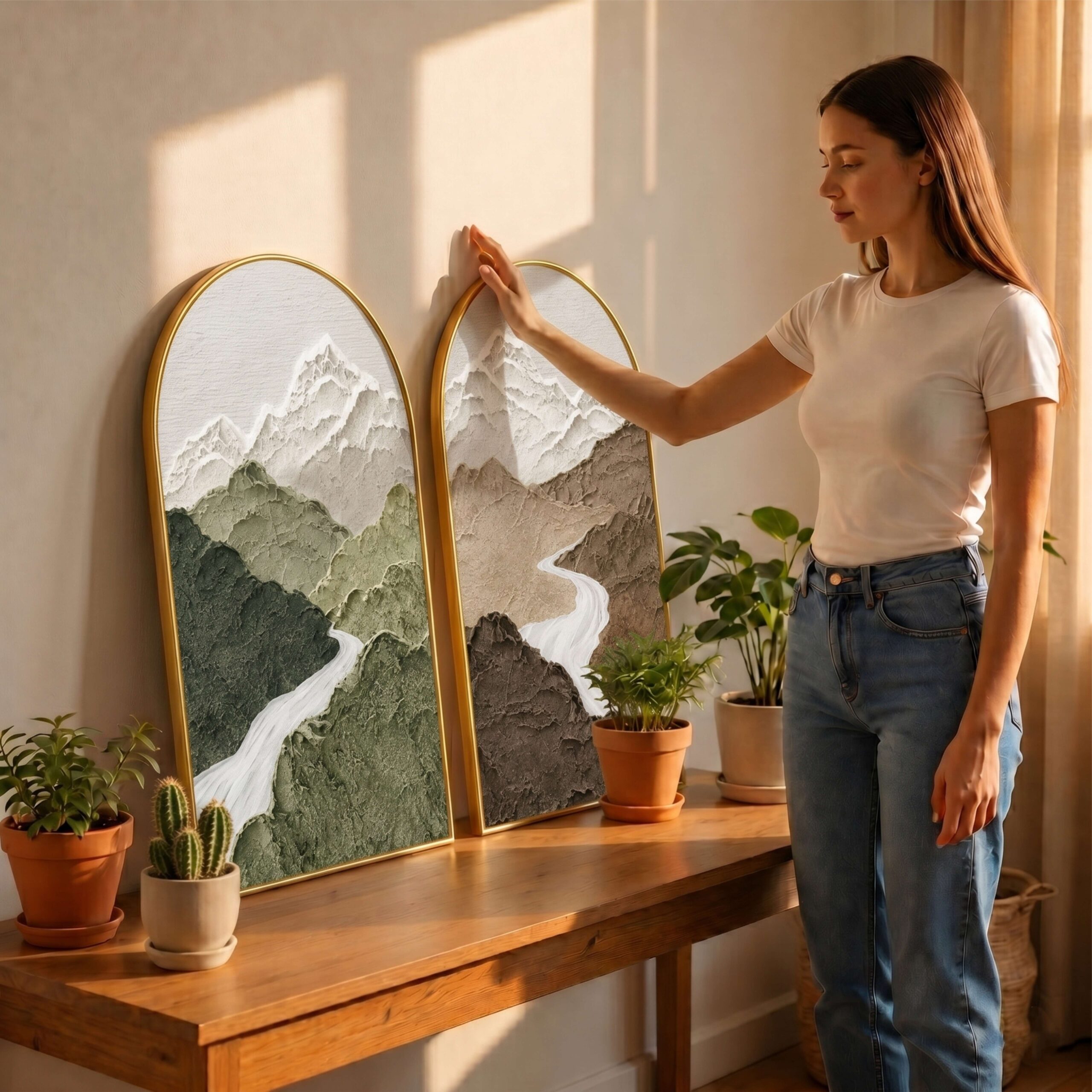 SAF Set of 2 Mountain Wall Painting for Living Room, Textured Landscape Modern Artwork, PVC Golden Frame, Arch Shape Wall Decor for Bedroom, Hall, Office & Gift 32 X 30 Inch - Image 3