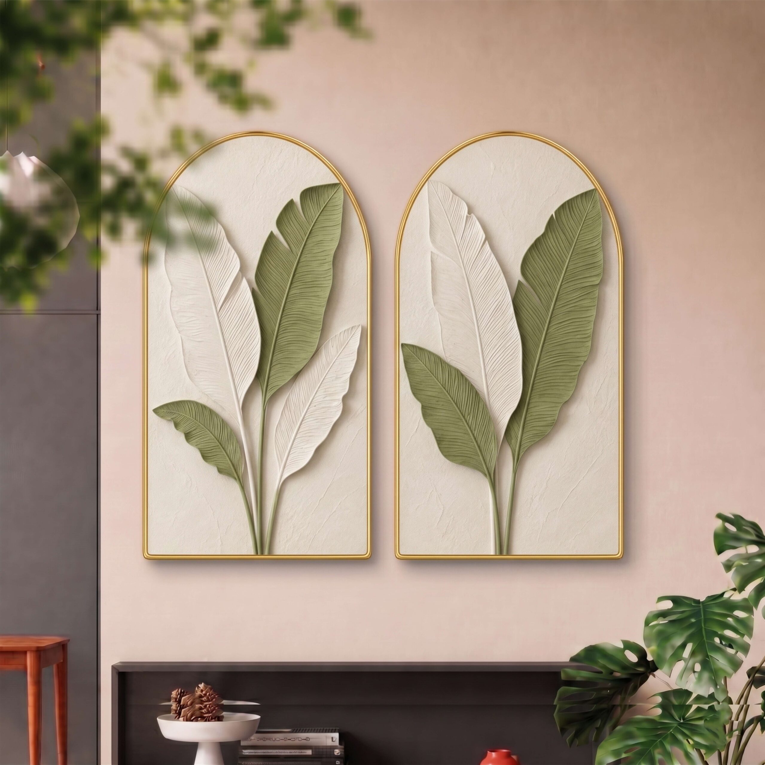 SAF Set of 2 Botanical Leaf Wall Painting for Living Room, Green White Modern Artwork, PVC Golden Frame, Arch Shape Wall Decor for Bedroom, Hall, Office & Gift 32 X 30 Inch - Image 3