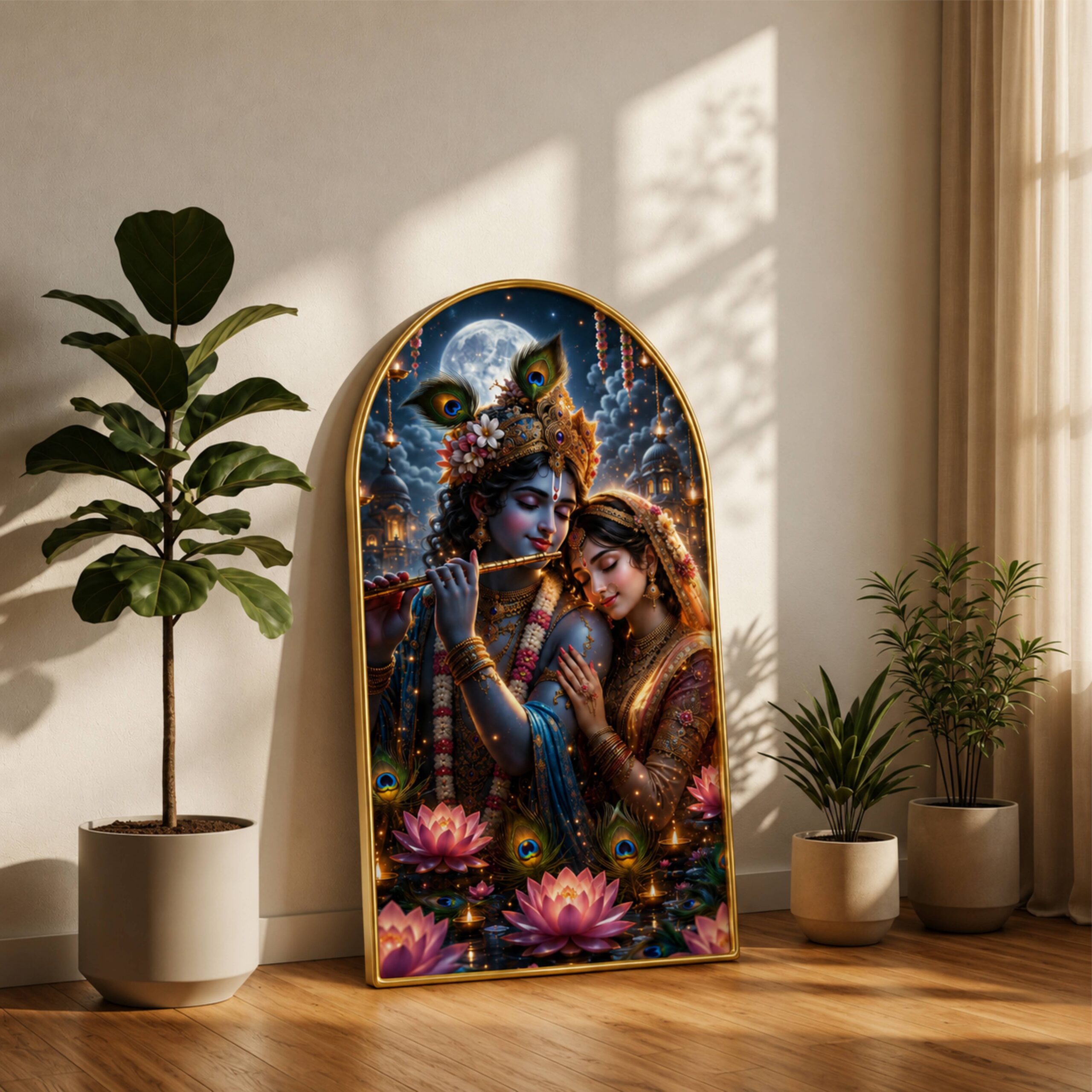 SAF Radha Krishna Wall Painting for Living Room, Moonlight Devotional Artwork, PVC Golden Frame, Arch Shape Wall Decor for Pooja Room, Bedroom, Home Office & Gift 16 X 30 Inch - Image 4