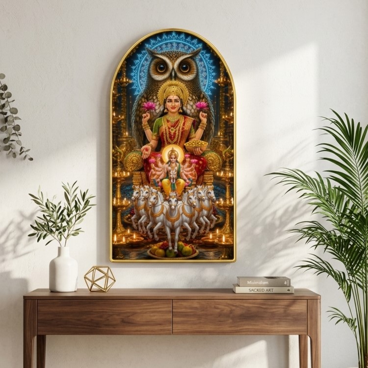 SAF Laxmi Surya Owl Wall Painting for Living Room, Devotional Temple Artwork with Horses, PVC Golden Frame, Arch Shape Wall Decor for Pooja Room, Home & Gift 16 X 30 Inch - Image 4