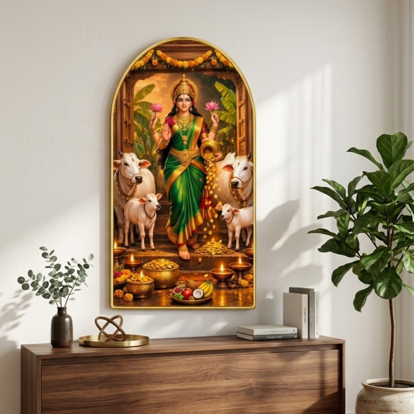 SAF Goddess Laxmi Wall Painting with Cow for Living Room, Devotional Temple Artwork, PVC Golden Frame, Arch Shape Wall Decor for Pooja Room, Home Office & Gift 16 X 30 Inch - Image 4