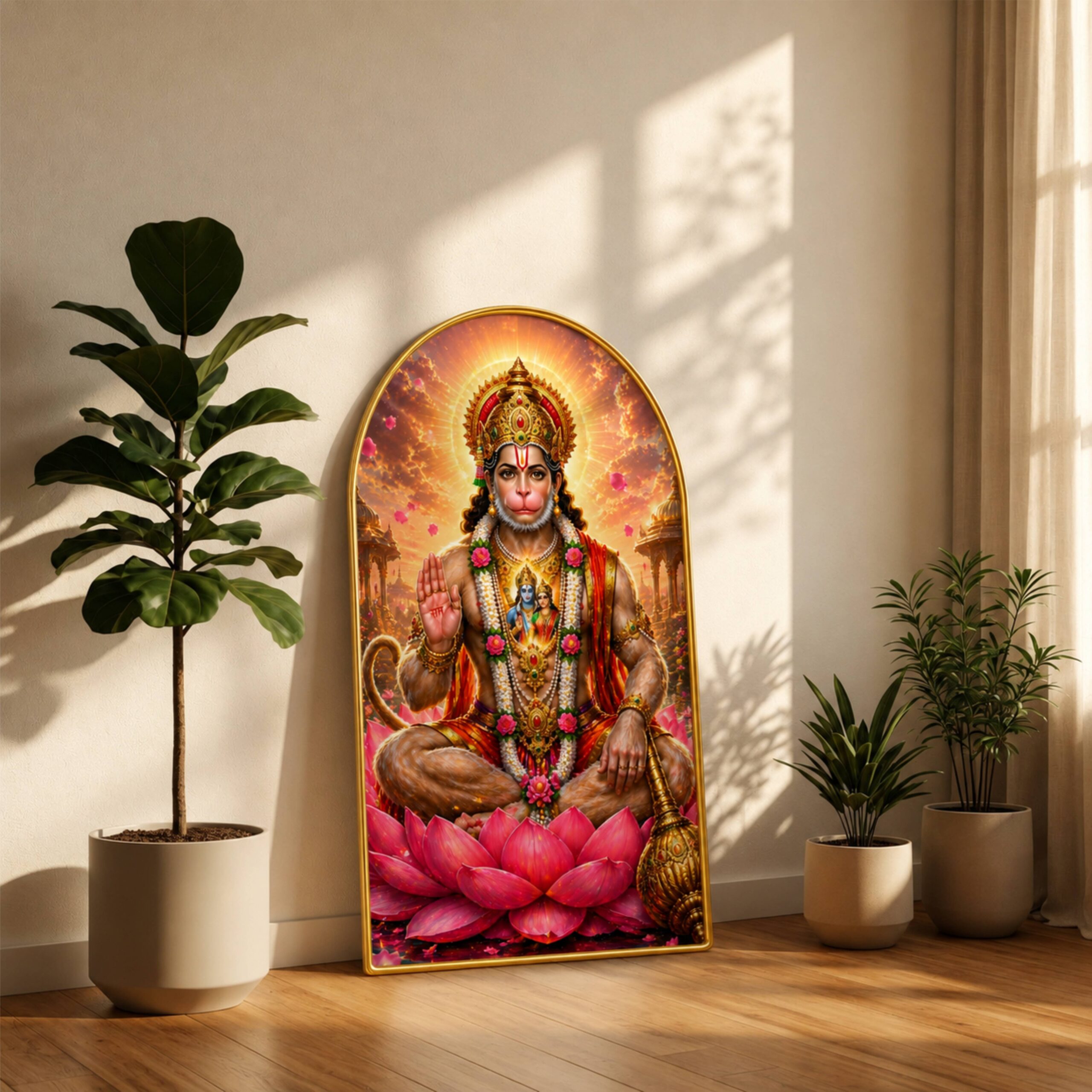 SAF Lord Hanuman Wall Painting for Living Room, Devotional Lotus Artwork, PVC Golden Frame, Arch Shape Wall Decor for Pooja Room, Bedroom, Home Office & Gift 16 X 30 Inch - Image 3