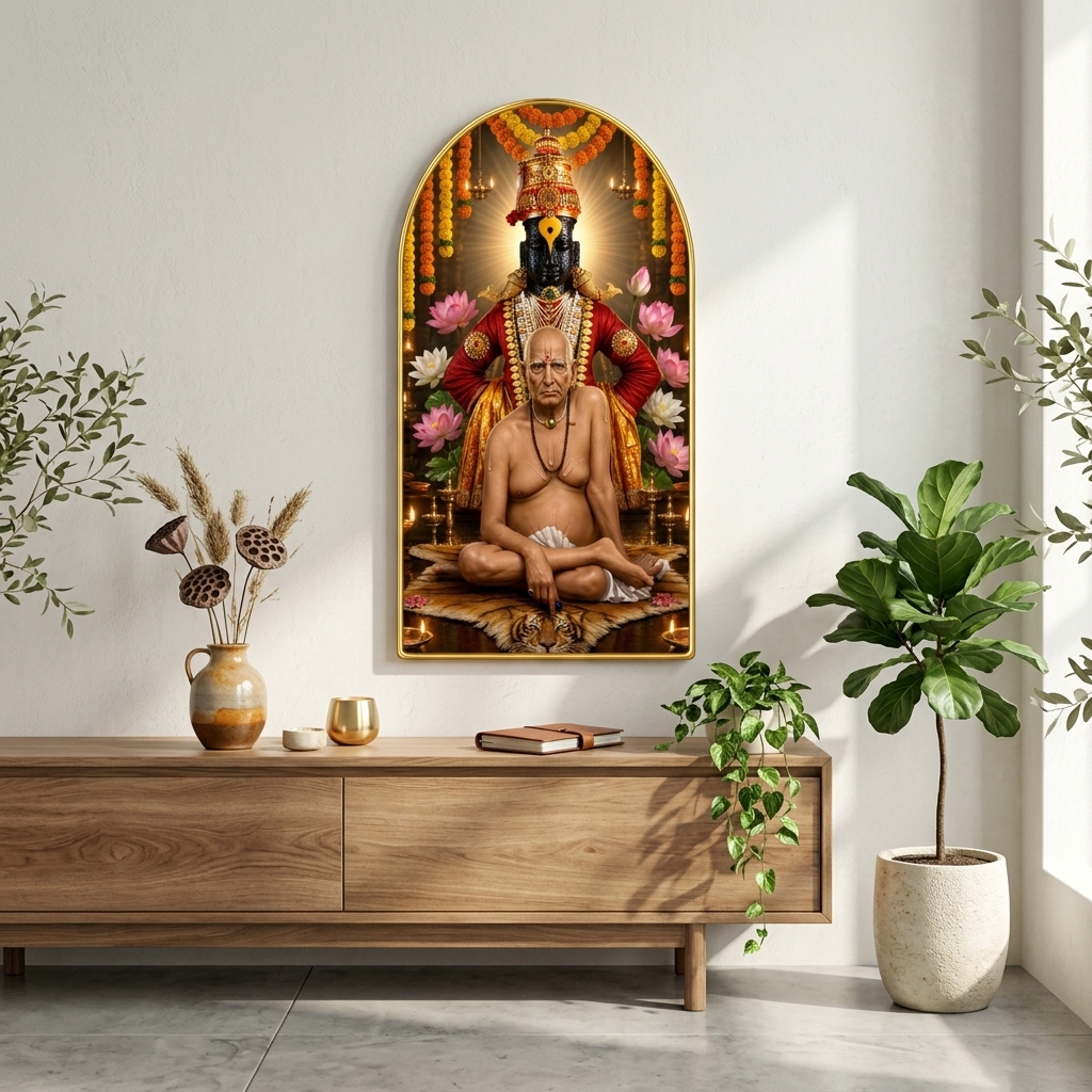 SAF Swami Samarth with Vitthal Wall Painting for Living Room, Devotional Temple Artwork, PVC Golden Frame, Arch Shape Wall Decor for Pooja Room, Home & Gift 16 X 30 Inch - Image 4