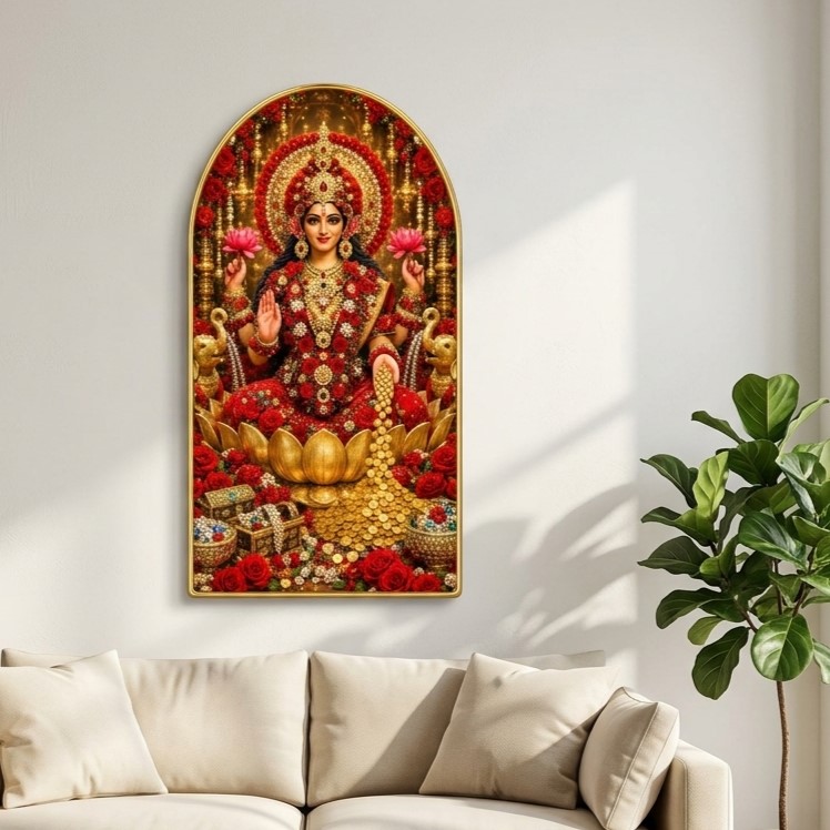 SAF Goddess Laxmi Wall Painting for Living Room, Red Lotus Devotional Artwork, PVC Golden Frame, Arch Shape Wall Decor for Pooja Room, Bedroom, Home & Gift 16 X 30 Inch - Image 5