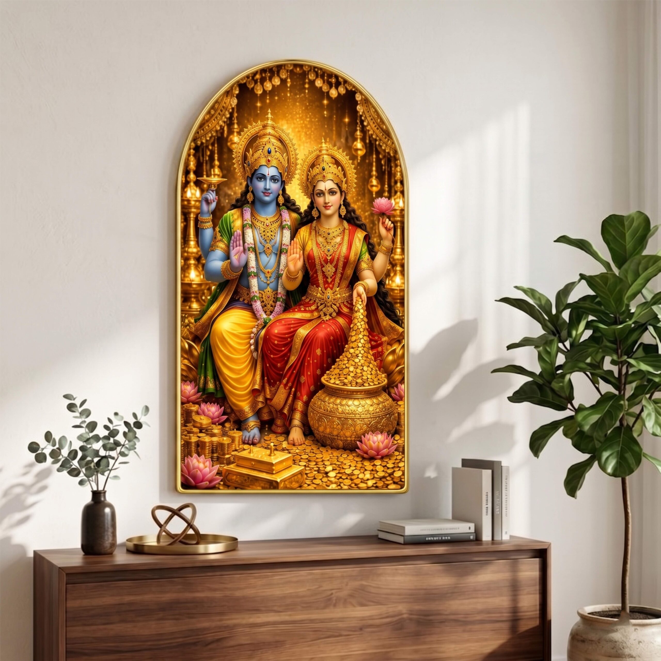 SAF Vishnu Laxmi Wall Painting for Living Room, Gold Coins Devotional Artwork, PVC Golden Frame, Arch Shape Wall Decor for Pooja Room, Home Office & Gift 16 X 30 Inch - Image 3