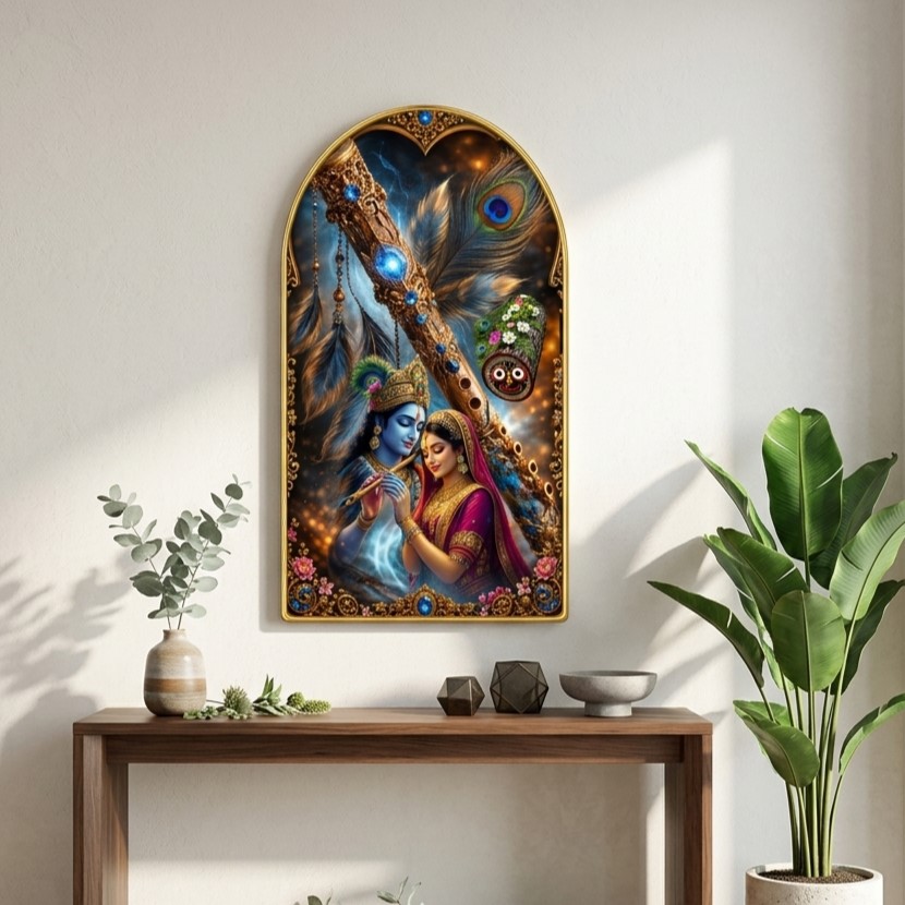 SAF Radha Krishna Flute Wall Painting for Living Room, Peacock Feather Devotional Artwork, PVC Golden Frame, Arch Shape Wall Decor for Pooja Room, Home & Gift 16 X 30 Inch - Image 4