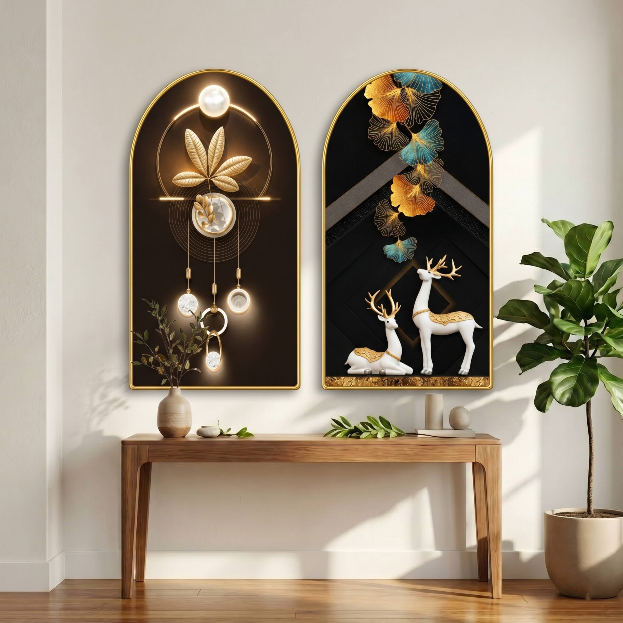 SAF Set of 2 Abstract Wall Painting for Living Room, Deer & Golden Leaf Modern Artwork, PVC Golden Frame, Arch Shape Wall Decor for Bedroom, Hall, Office & Gift 32 X 30 Inch - Image 3