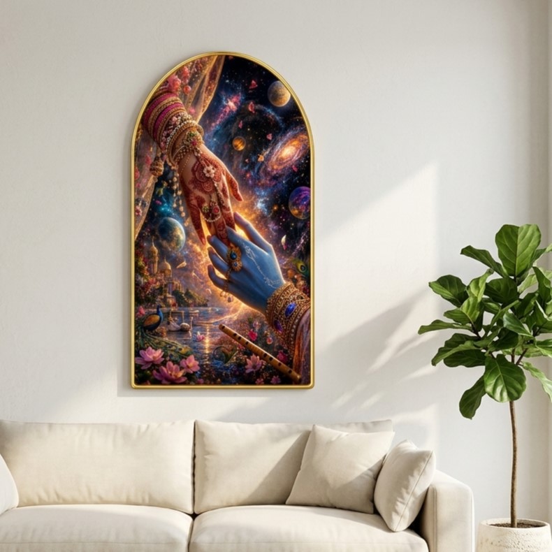 SAF Radha Krishna Hands Wall Painting for Living Room, Cosmic Love Devotional Artwork, PVC Golden Frame, Arch Shape Wall Decor for Bedroom, Pooja Room & Gift 16 X 30 Inch - Image 4