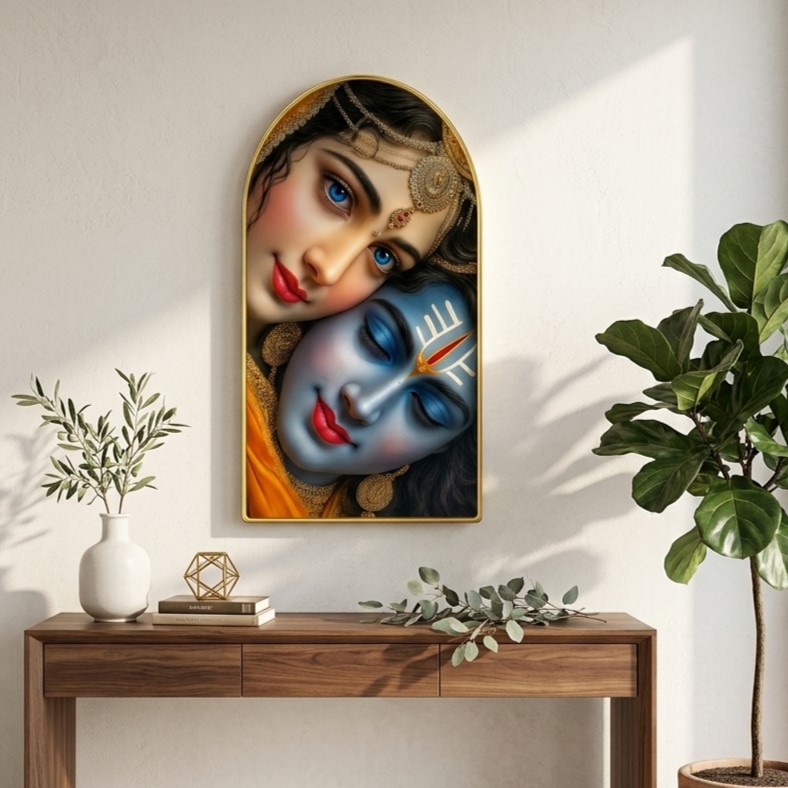 SAF Radha Krishna Face Wall Painting for Living Room, Divine Love Devotional Artwork, PVC Golden Frame, Arch Shape Wall Decor for Bedroom, Pooja Room & Gift 16 X 30 Inch - Image 3