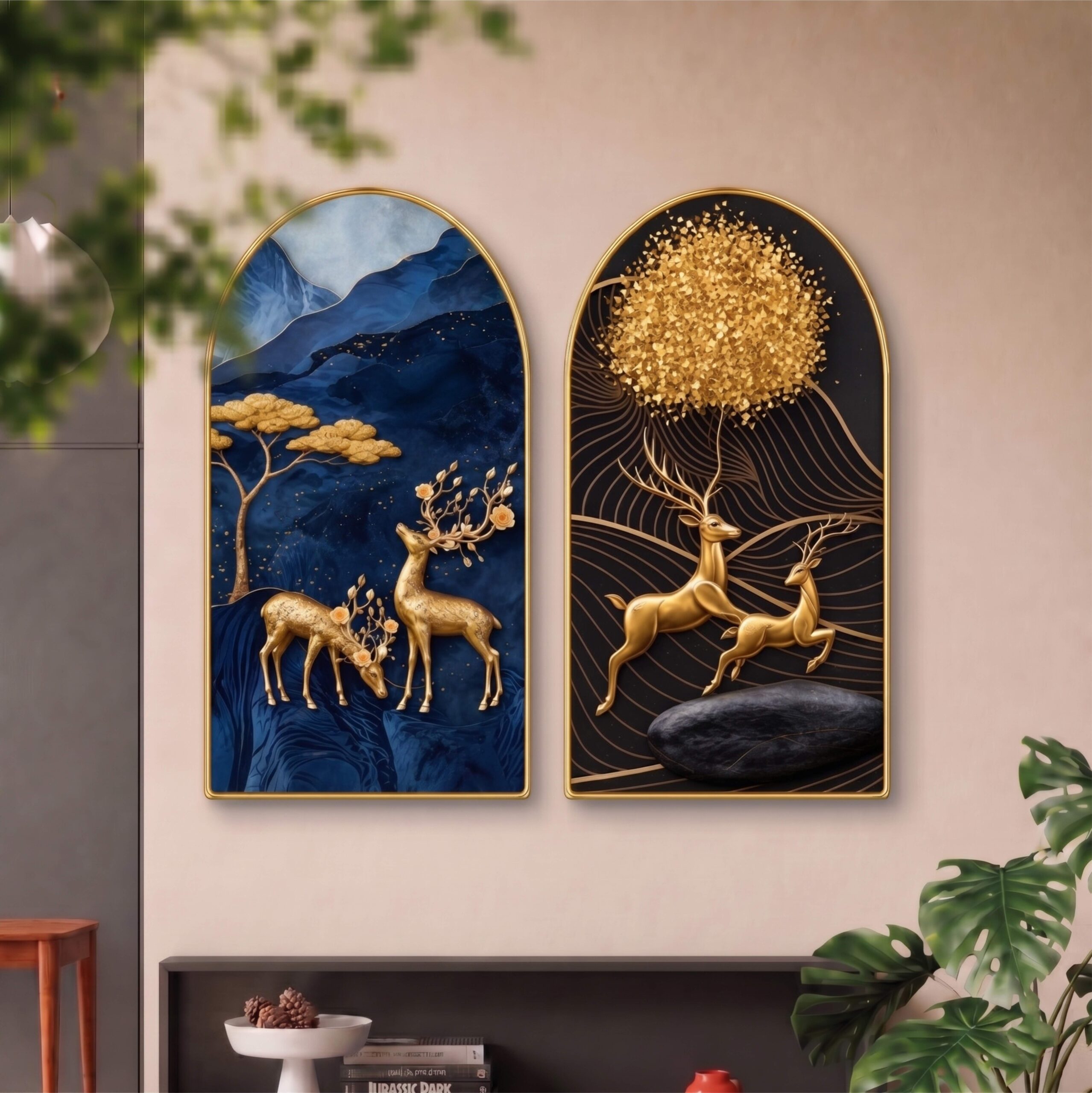 SAF Set of 2 Abstract Deer Wall Painting for Living Room, Blue Gold Modern Artwork, PVC Golden Frame, Arch Shape Wall Decor for Bedroom, Hall, Office & Gift 32 X 30 Inch
